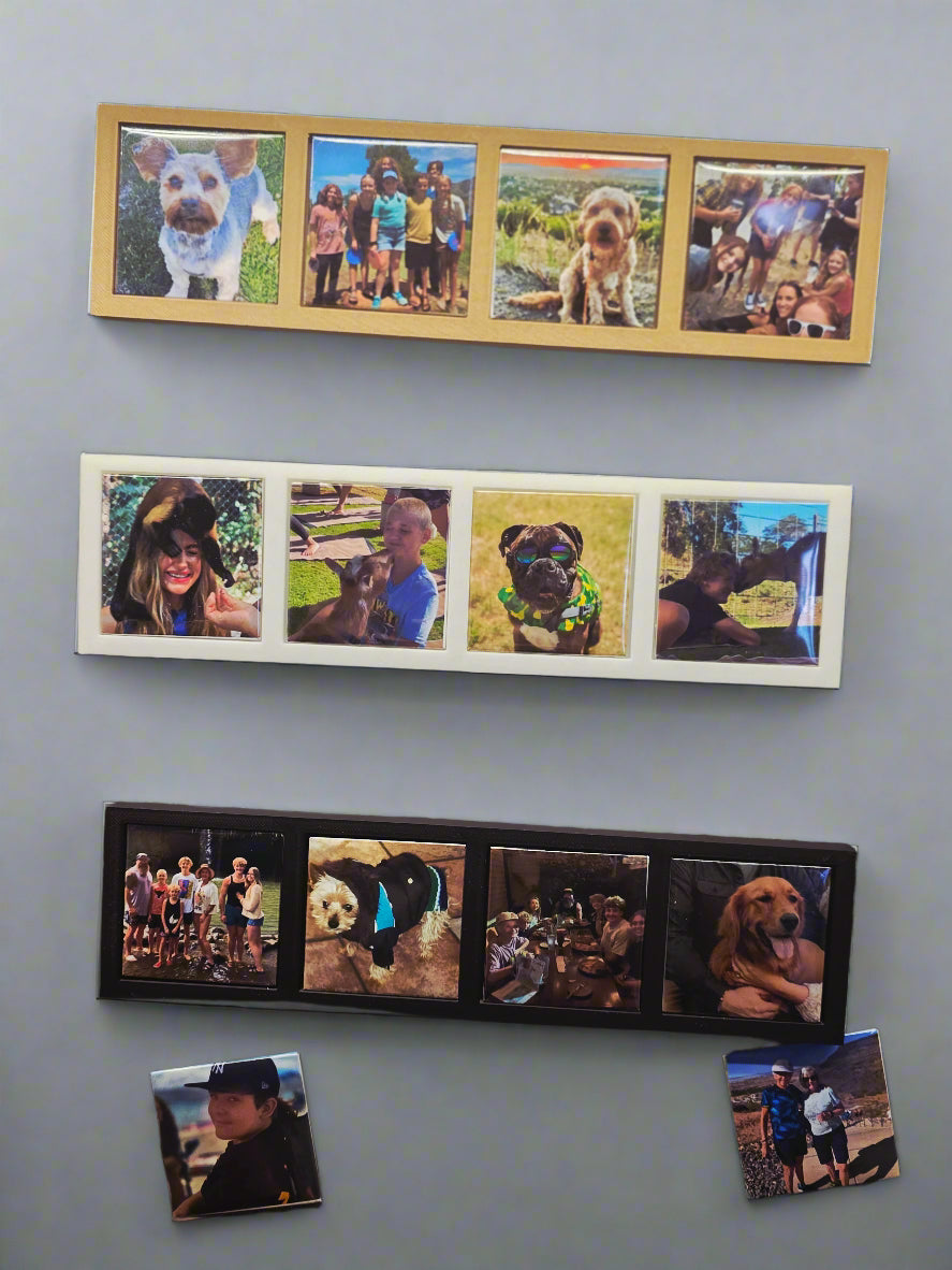 Collage of family photos and pets on a gray wall.